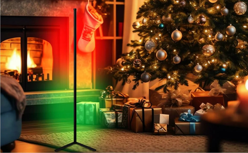 Showlu Smart RGB corner floor lamp with music sync, featuring colorful LED lights and modern design for living room ambiance.