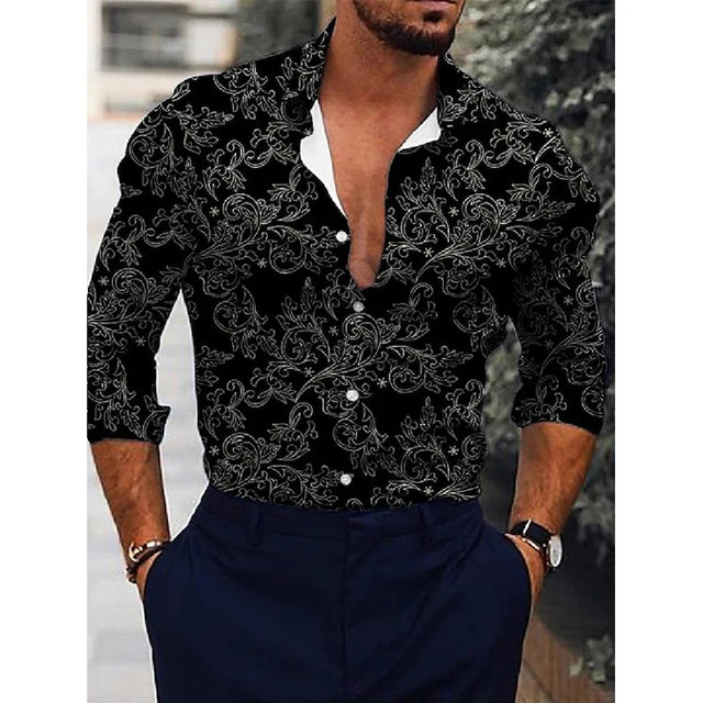 Men's Hawaiian piano luxury designer shirt by Showlu Fashion, long sleeve casual top with floral 3D print and single-breasted style.