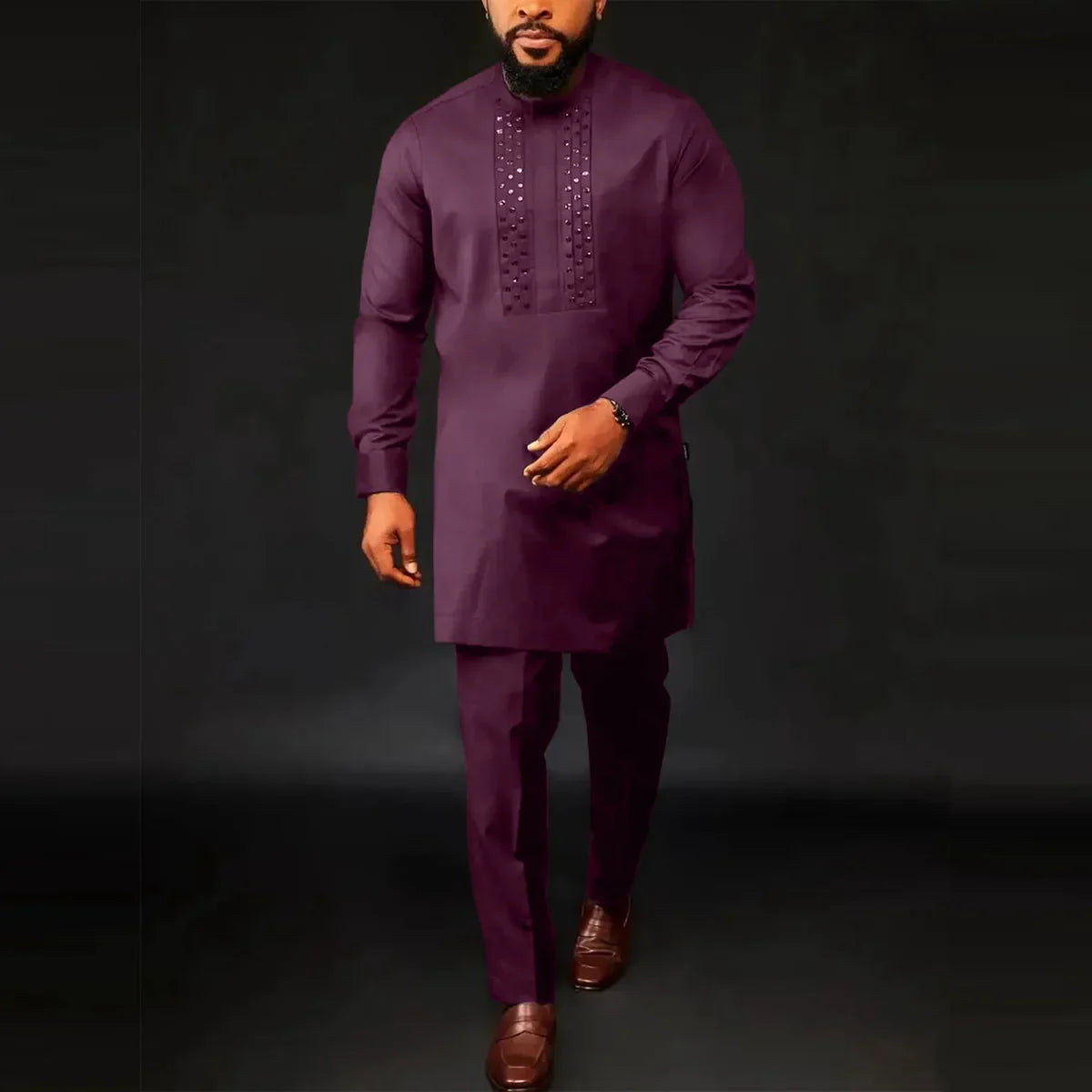 African ethnic men's 2-piece patchwork long sleeve outfit by SHOWLU FASHION STORE, featuring vibrant traditional designs.