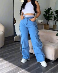 Women's Multi-Pocket Jeans, Retro Splicing, Drawstring, Cool Girl Trousers, Loose Casual Streetwear, New Bottoms, Fashion