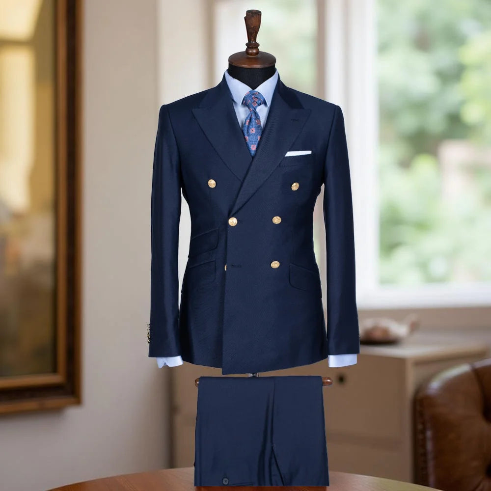 Slim fit double-breasted men's tuxedo suit with peak lapel, jacket and pants, ideal for weddings, formal events, and parties.