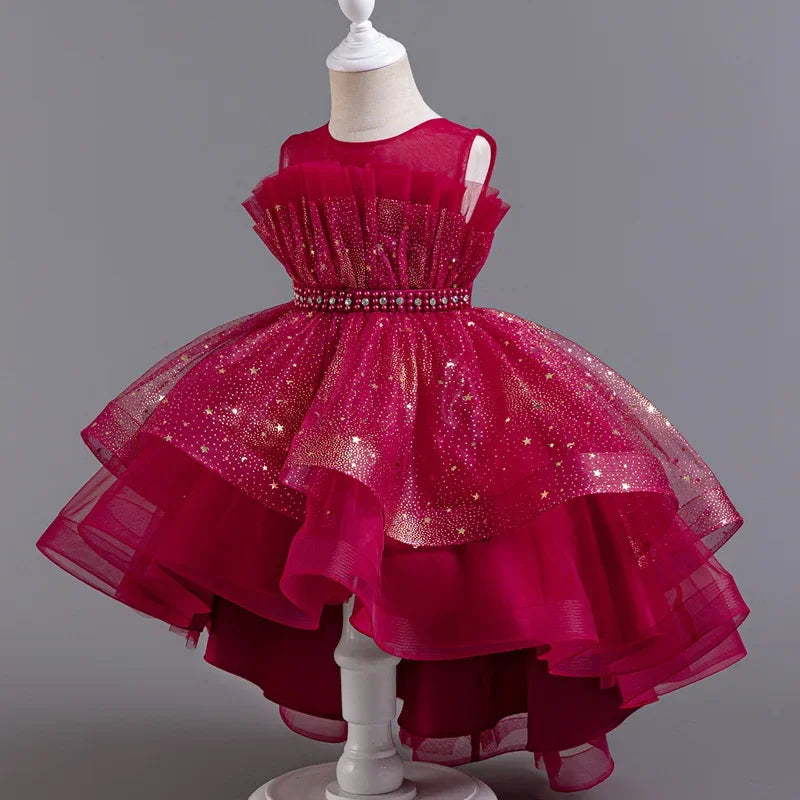 Lace mesh sleeveless kids' party dress in solid color, stylish summer evening dress for girls aged 3-12 from Showlu Fashion Store