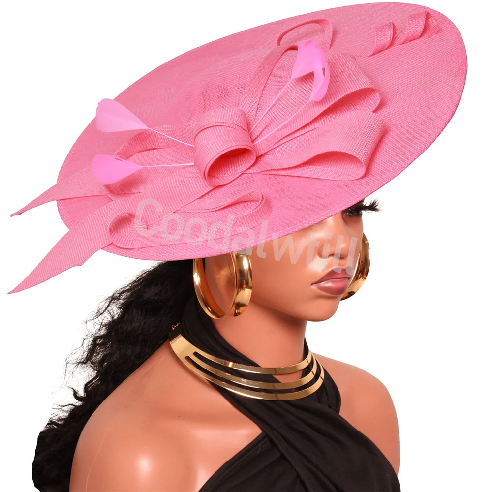 Pink Derby fascinator hat headband with large floral decoration, elegant wedding and race day headpiece for women.