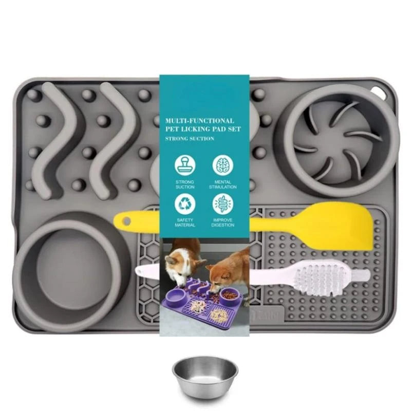 Turquoise slow feeder pet mat made of non-toxic silicone with aluminum bowl, 17x11x2 inches for anxiety and boredom relief.