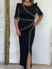 Womens Wedding Guest Dresses Elegant Trendy Solid Color Ruffle Beaded Round Neck Short Sleeve Dresses Style