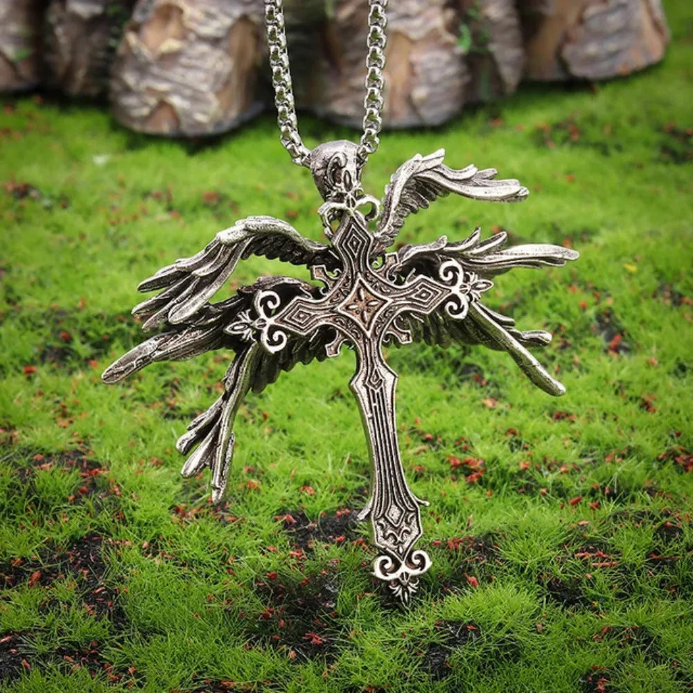 Retro Gothic Jesus wings cross pendant necklace by QTHOPE, featuring zinc alloy design with detailed wings and cross elements.