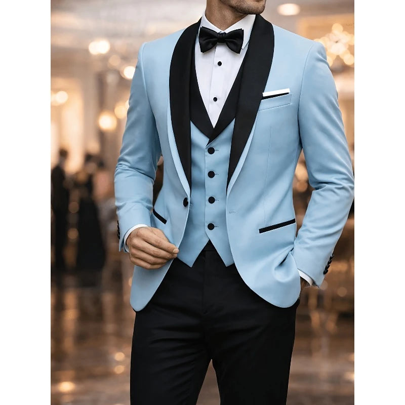 Men's black tuxedo set with shawl lapel dinner jacket, dress shirt, and trousers for formal events by Showlu Smart General.