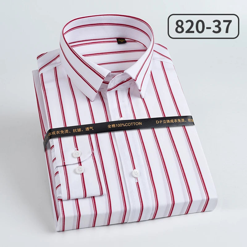 Men's slim fit cotton long-sleeved shirt with striped collar, wrinkle-resistant, high-end light luxury design by Showlu Fashion.