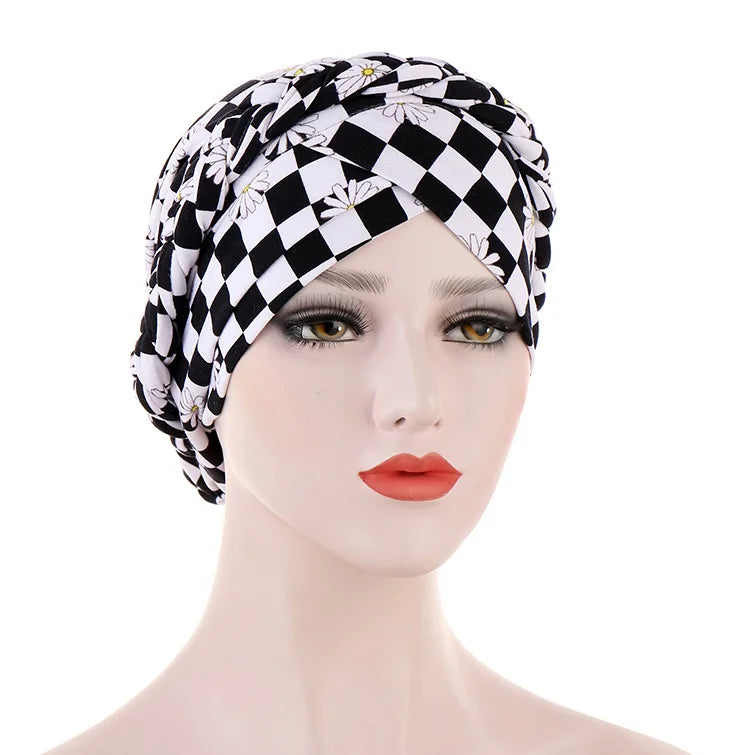 European and American print leopard silk scarf hat with flower accents, short braid, ideal as a Muslim hijab or stylish head covering