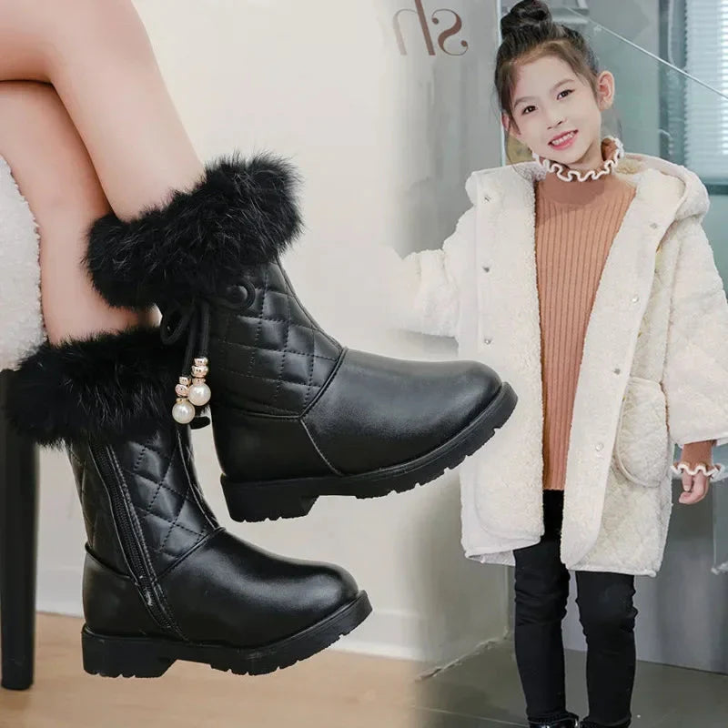 Girls winter snow boots by JGSHOWKITO featuring mid-calf length, PU leather material, and decorative bows for stylish warmth.
