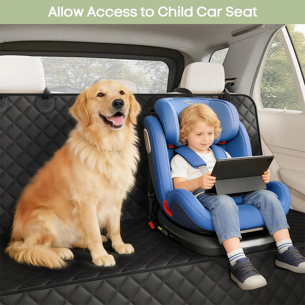 Large waterproof dog car seat cover by Dutrieux, made from durable Oxford fabric, designed to protect car seats from pet messes.