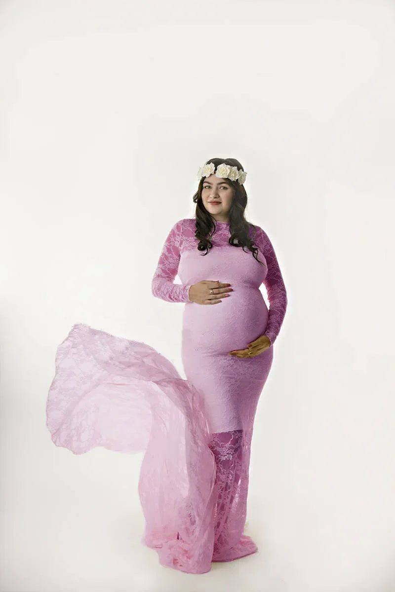 Showlu Lace Maternity Gown in mermaid style, elegant maxi dress with lace details, perfect for maternity photography and special occasions.