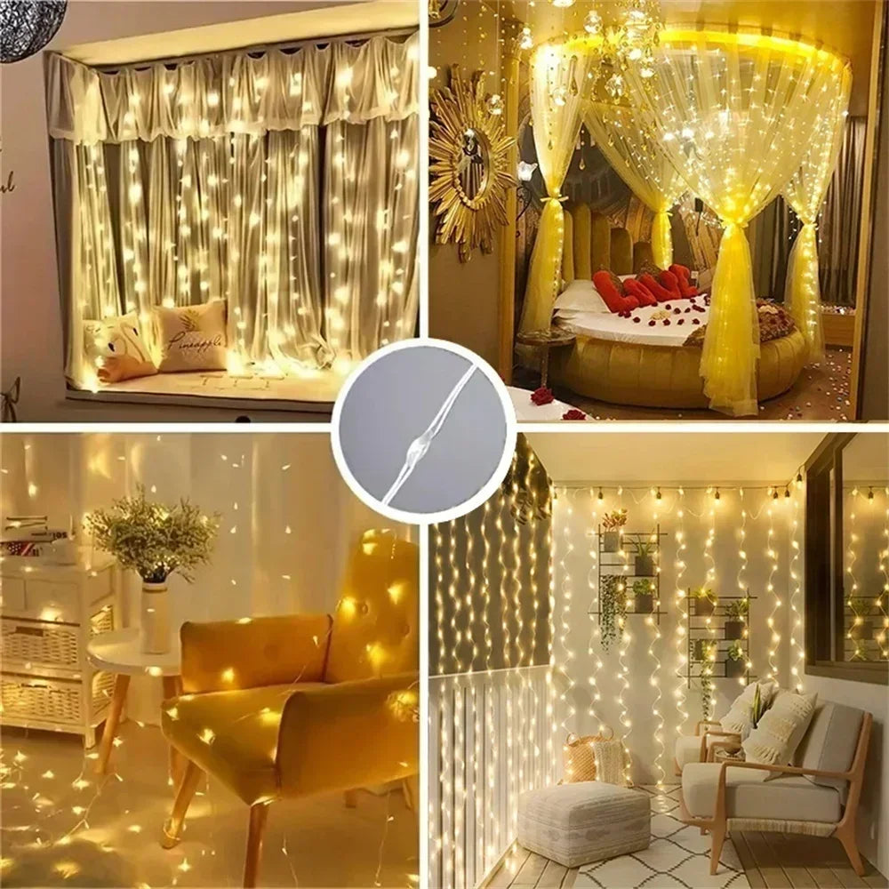 Showlu Smart General LED curtain fairy lights hanging with warm glowing bulbs, ideal for decorative home lighting.