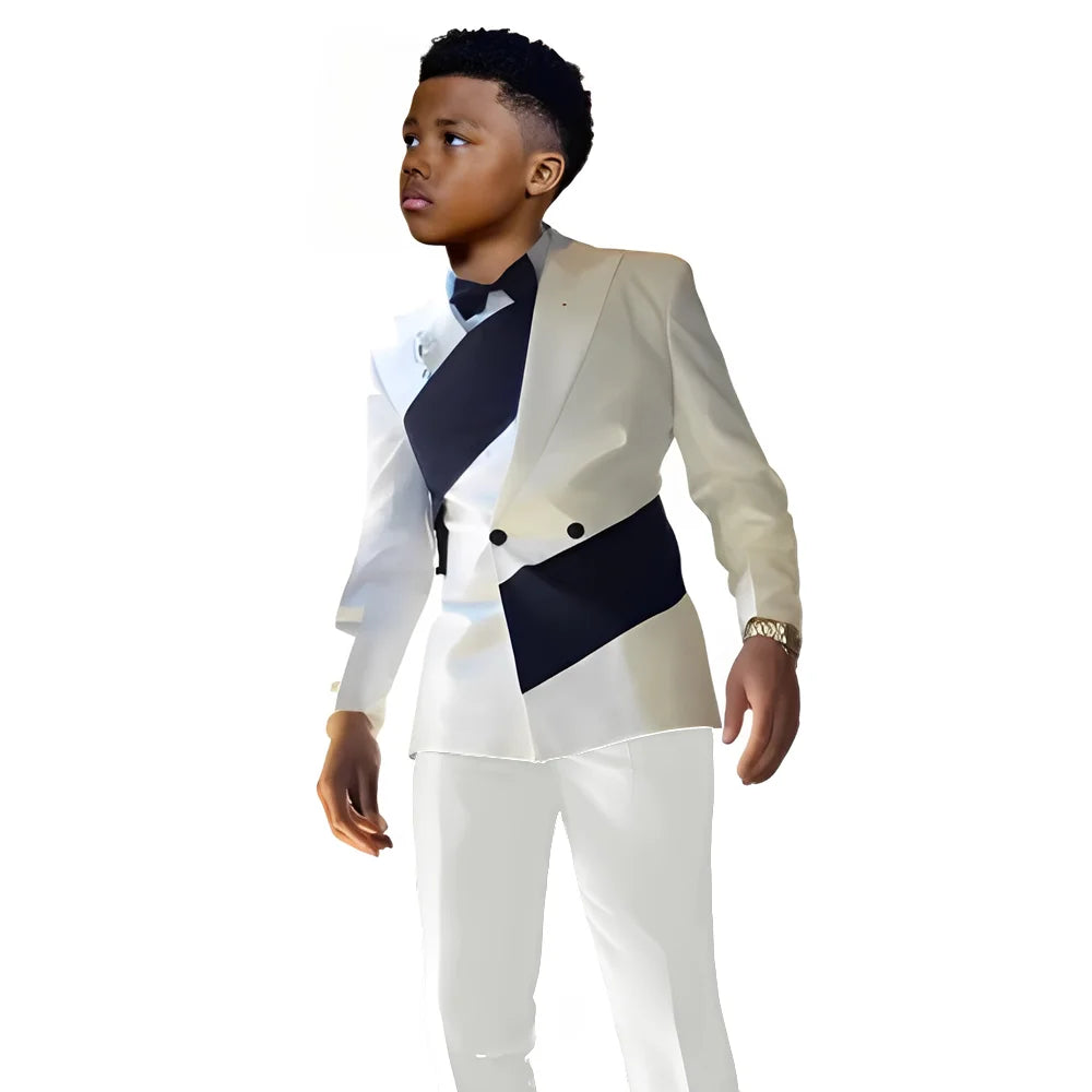 White satin boys' suit 2-piece set with blazer and pants, tailored slim fit wedding tuxedo for ages 2-16, by Showlu Smart General.