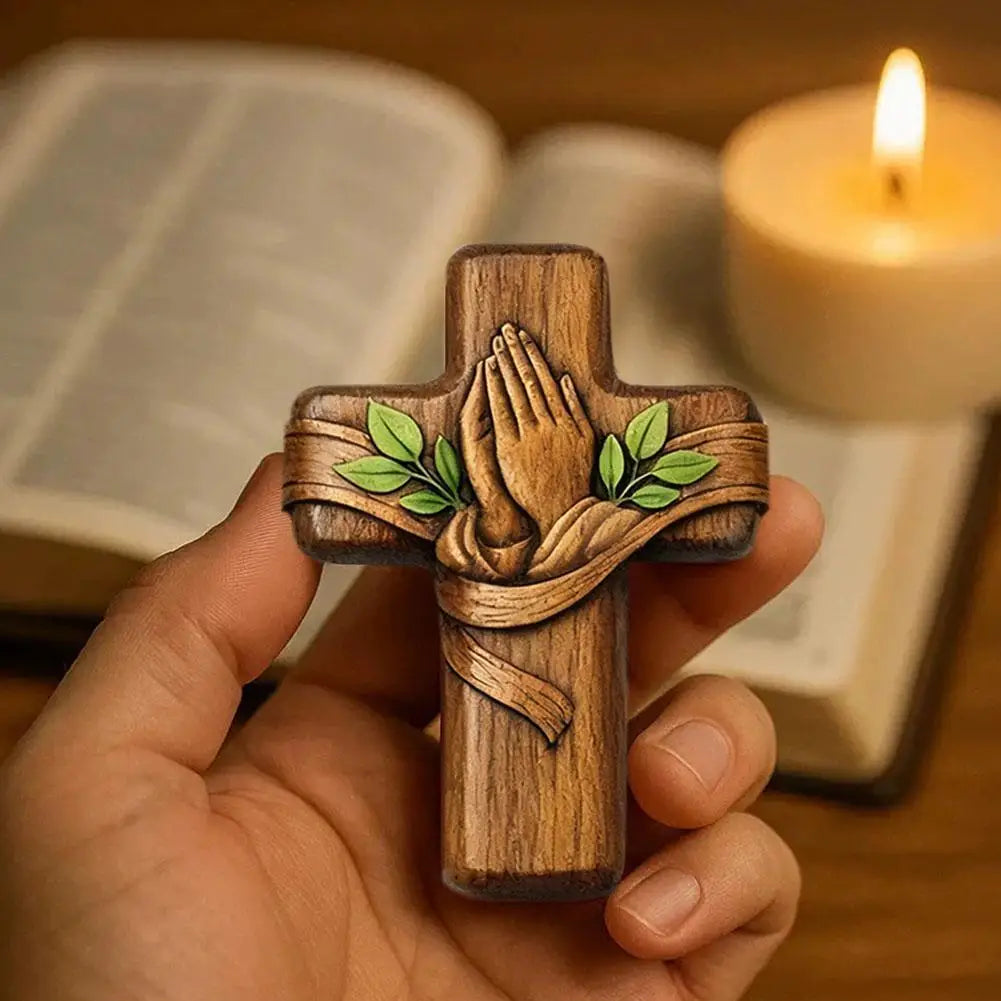 Small wooden pocket prayer cross with card, portable church favor for Easter, Christmas, and spiritual tokens.