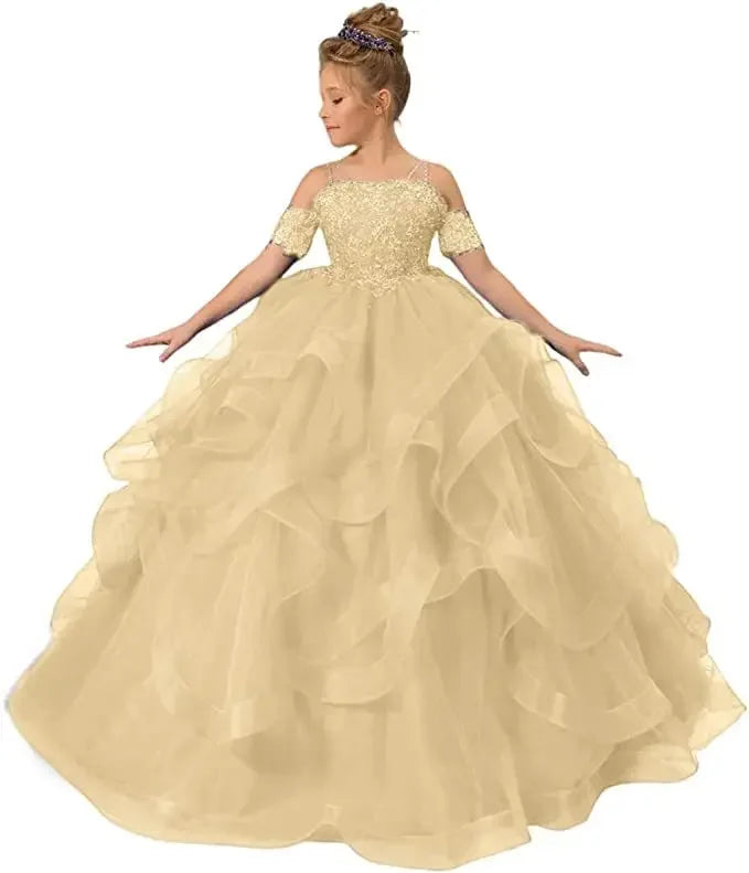 Showlu Fashion Gdybao flower girl dress with off-shoulder tulle ball gown and appliqué details for kids.
