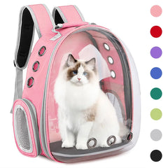 A pink transparent pet backpack carrier with a cat inside and color options on the side.