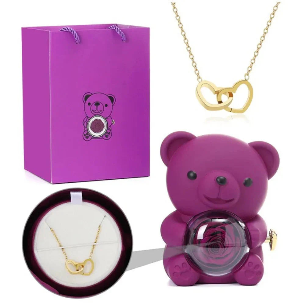 SHOWLU FASHION STORE Teddy Bear Rose jewelry box with rotating necklace holder and decorative rose design.