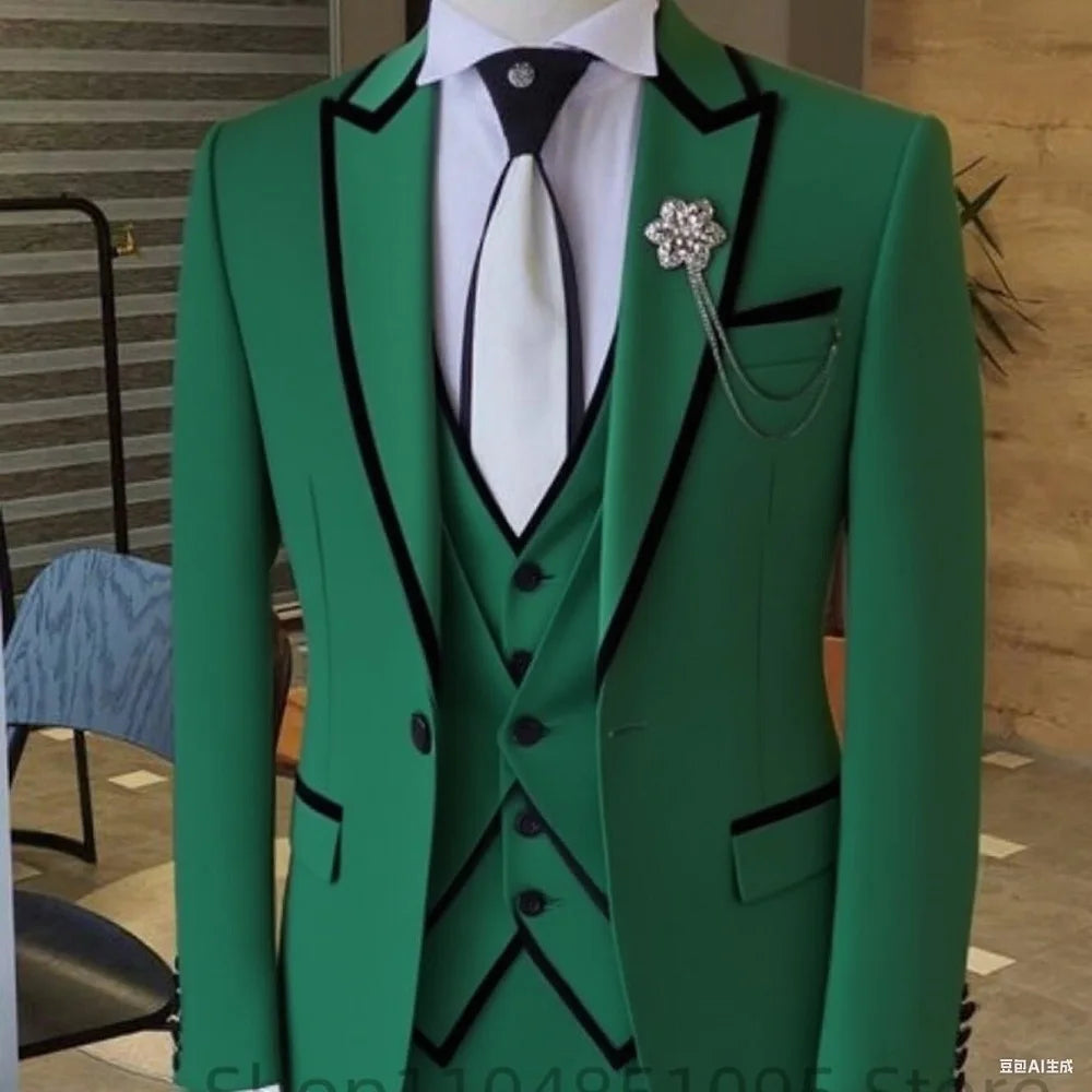 Men's solid slim fit 3-piece business suit set with blazer, vest, and pants, perfect for weddings and formal occasions by Showlu Fashion