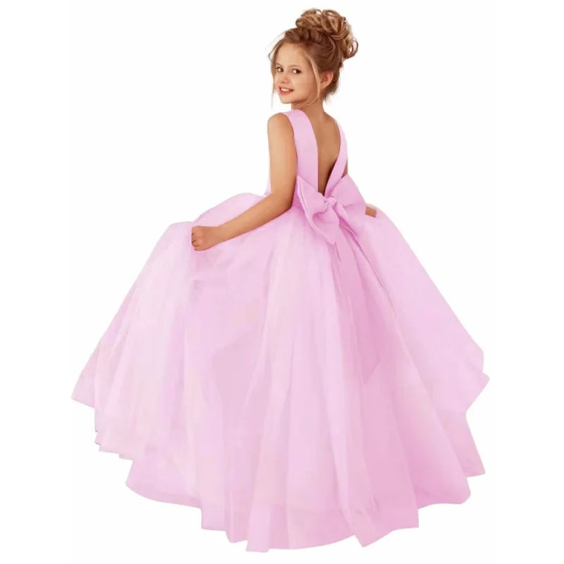 Dusty pink flower girl dress with pearl belt, ball gown style for weddings, by Showlu Fashion Store.
