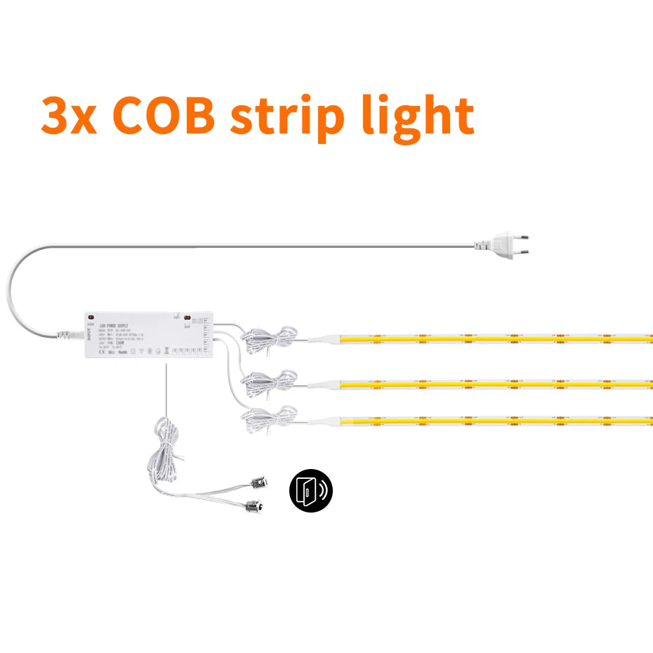 Showlu Smart General YEMEKE 12V COB LED strip with door sensor, showcasing the LED strip and sensor components in a close-up view.