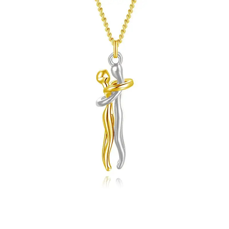 Close-up of Showlu Fashion Store's hugging pendant choker necklace for men and women, featuring a sleek chain and heart-shaped hug pendant.