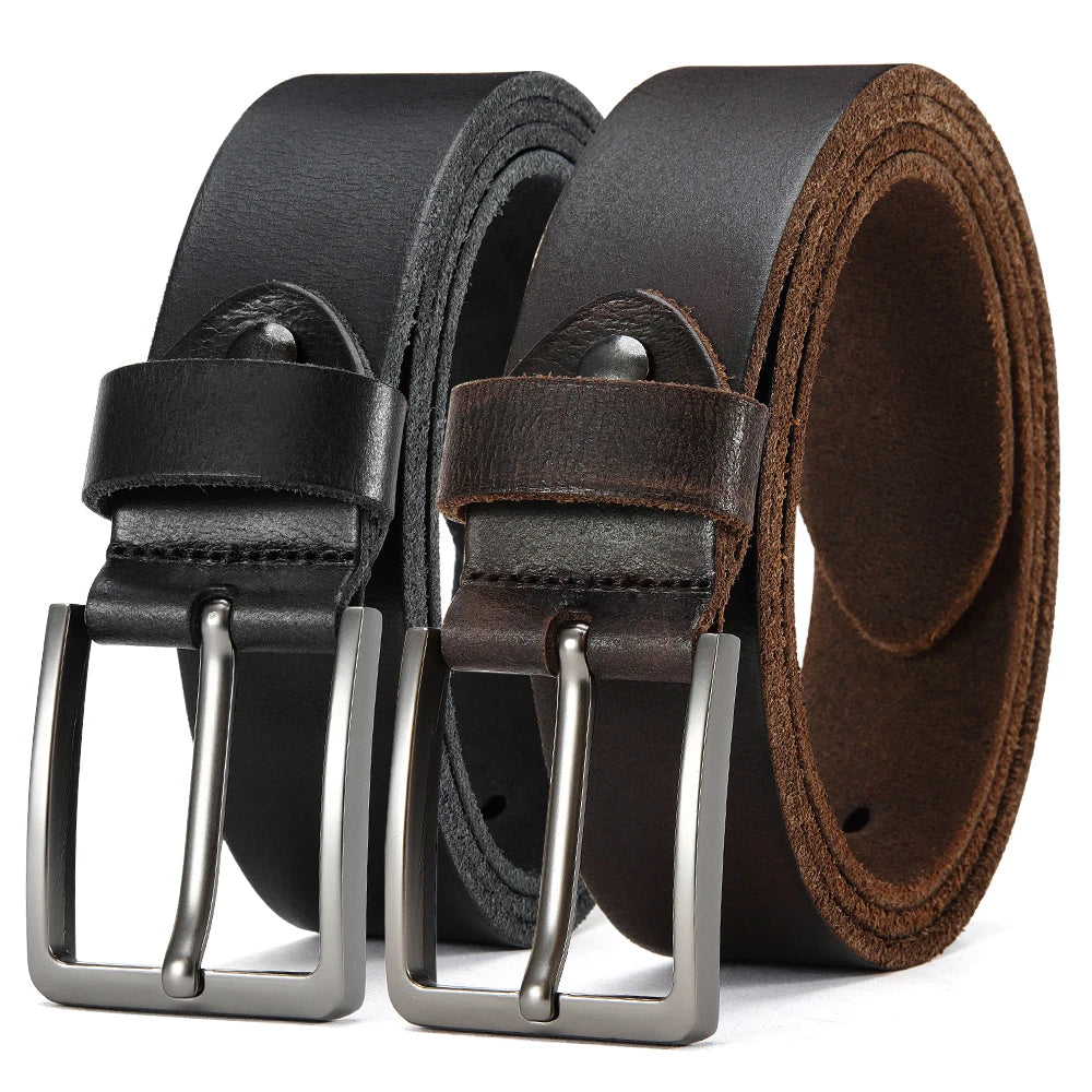 Men's cowhide leather belt with casual metal buckle, top layer design, durable and stylish accessory from Showlu Fashion Store.