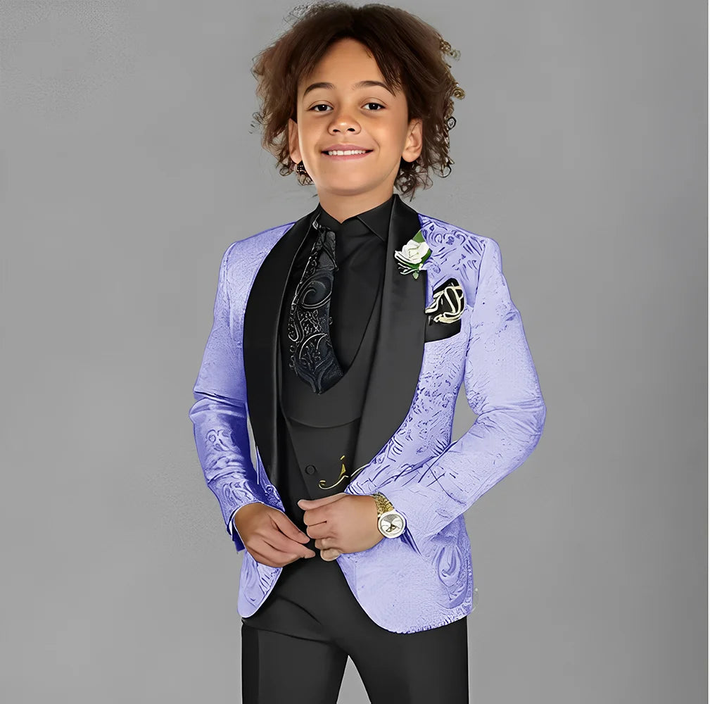 Jacquard boys' 3-piece suit set with tuxedo jacket, pants, and vest, perfect for weddings and parties, ages 2-16.