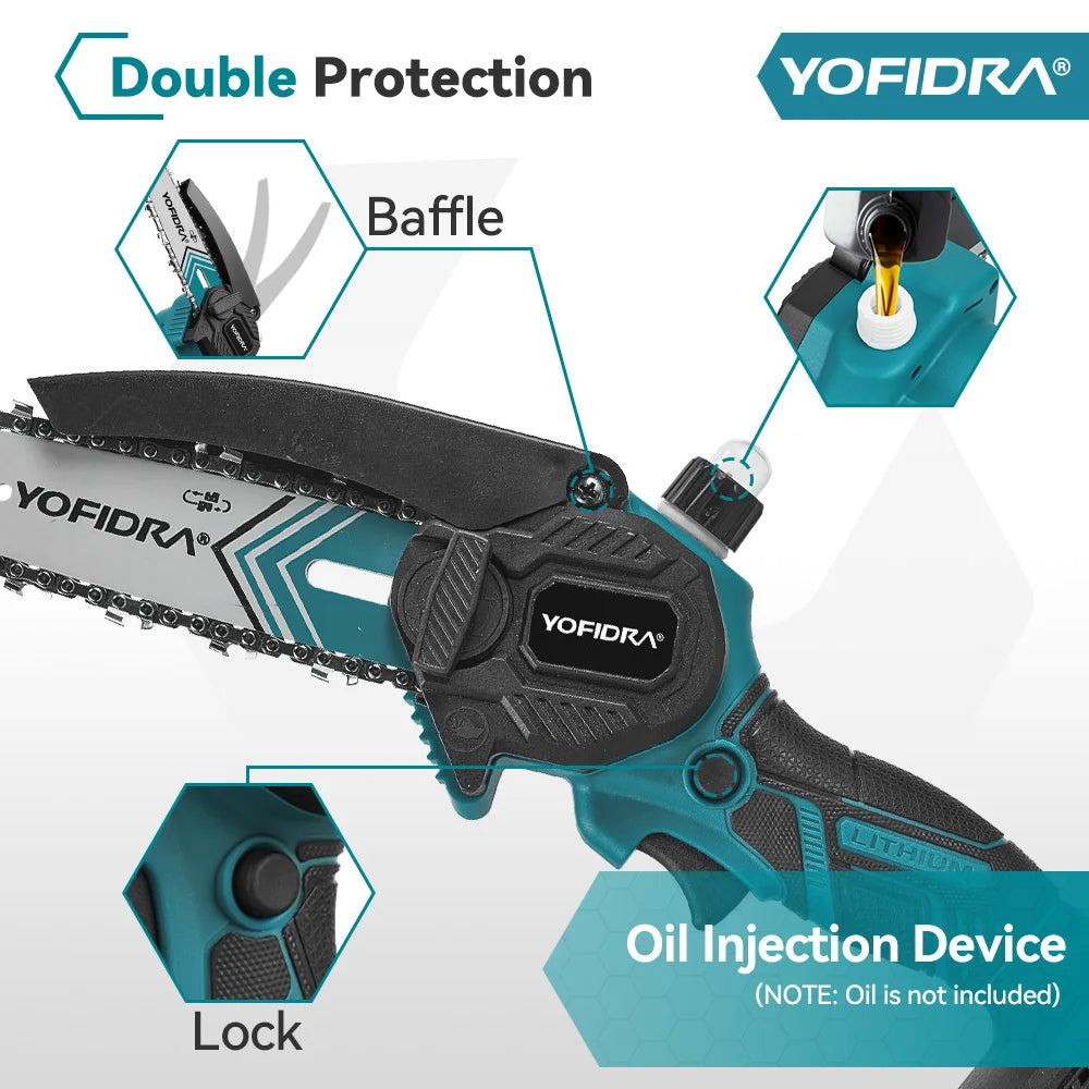 Showlu Smart General Yofidra 6-inch electric chainsaw with a black handle and silver blade for pruning and cutting tasks.