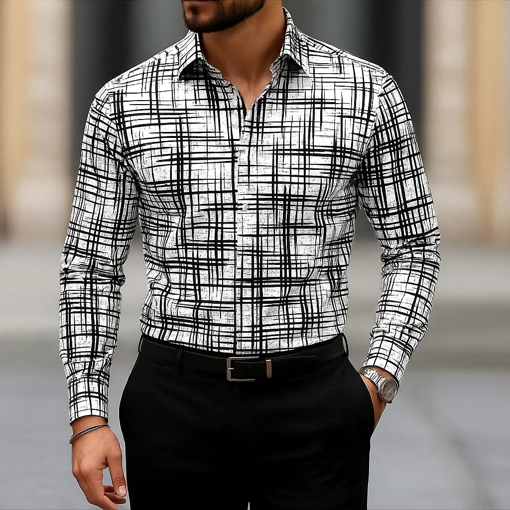Showlu men's slim fit button-down shirt with linear stripe texture, long sleeves, and classic collar in a stylish, modern design.