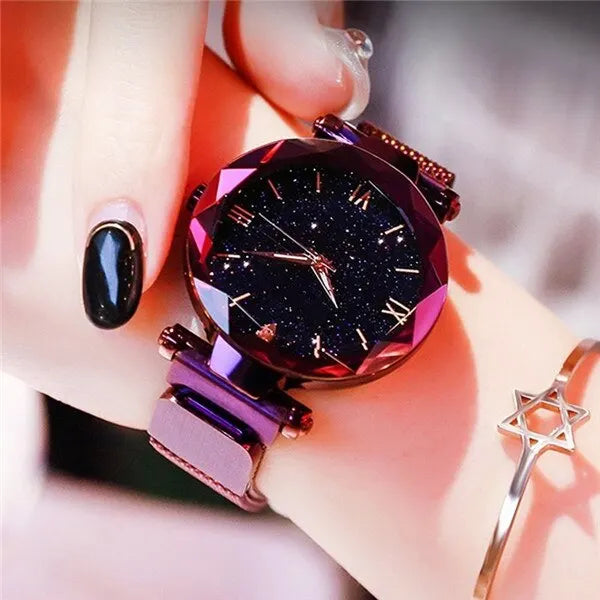 Women's Starry Sky fashion watch with diamond accents, quartz movement, mesh belt, and magnet buckle for elegant dress occasions.