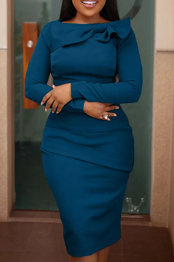 Elegant Bow Pleated Party Maxi Dress Women Solid O Neck Long Sleeve Ruched Ruffle Evening Wedding Bodycon Pencil Dress