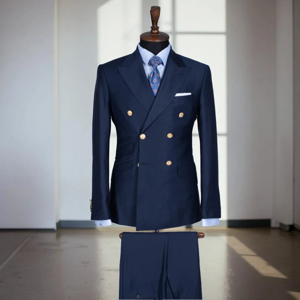 Slim fit men's double-breasted tuxedo with peak lapel, jacket and pants, ideal for weddings or formal events, by Showlu Fashion.