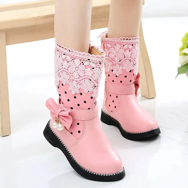 Girls winter snow boots by SHOWLU FASHION STORE, warm cotton-lined mid-calf shoes in black PU leather with sturdy soles.