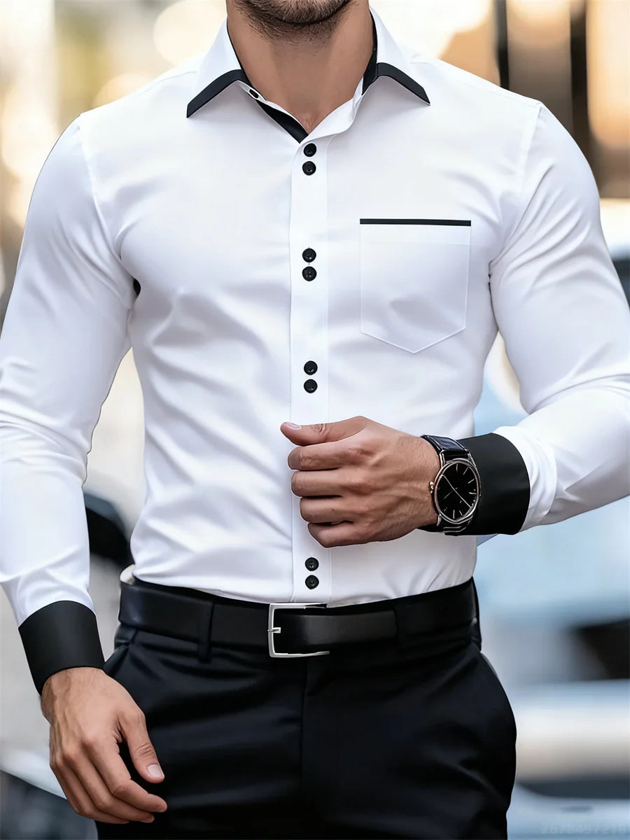 Men's black and white color block collar long sleeve shirt with slim fit, wrinkle-free patchwork design by Showlu Fashion.