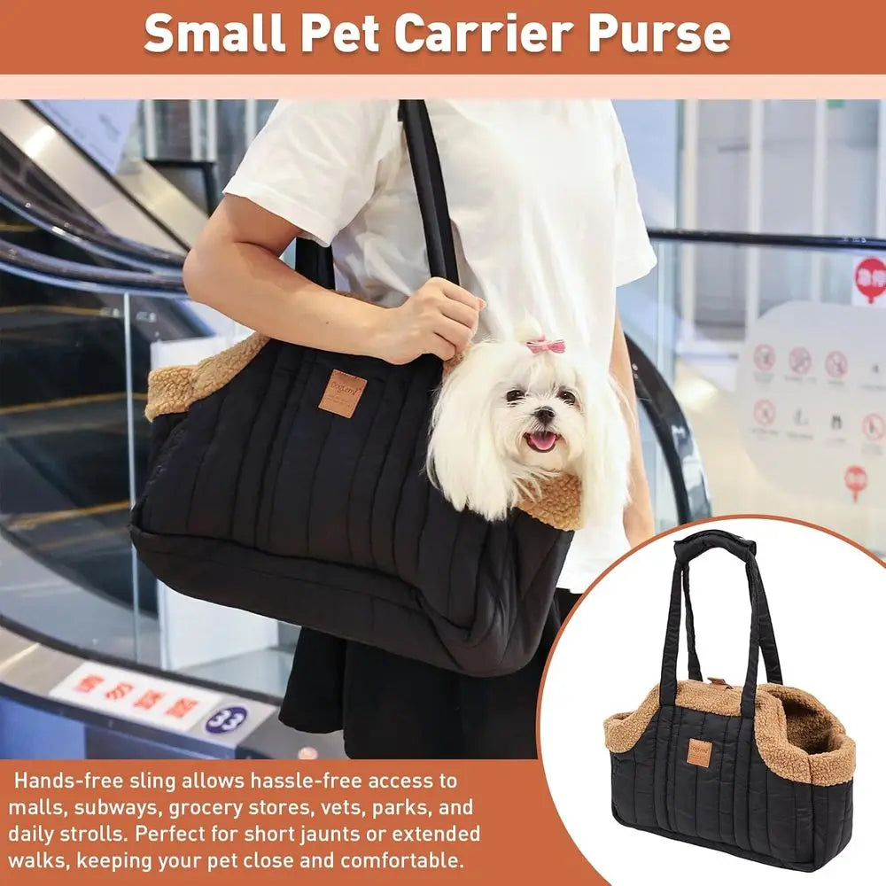 Showlu waterproof dog tote bag carrier with secure harness clip, featuring a black fabric design and adjustable straps.