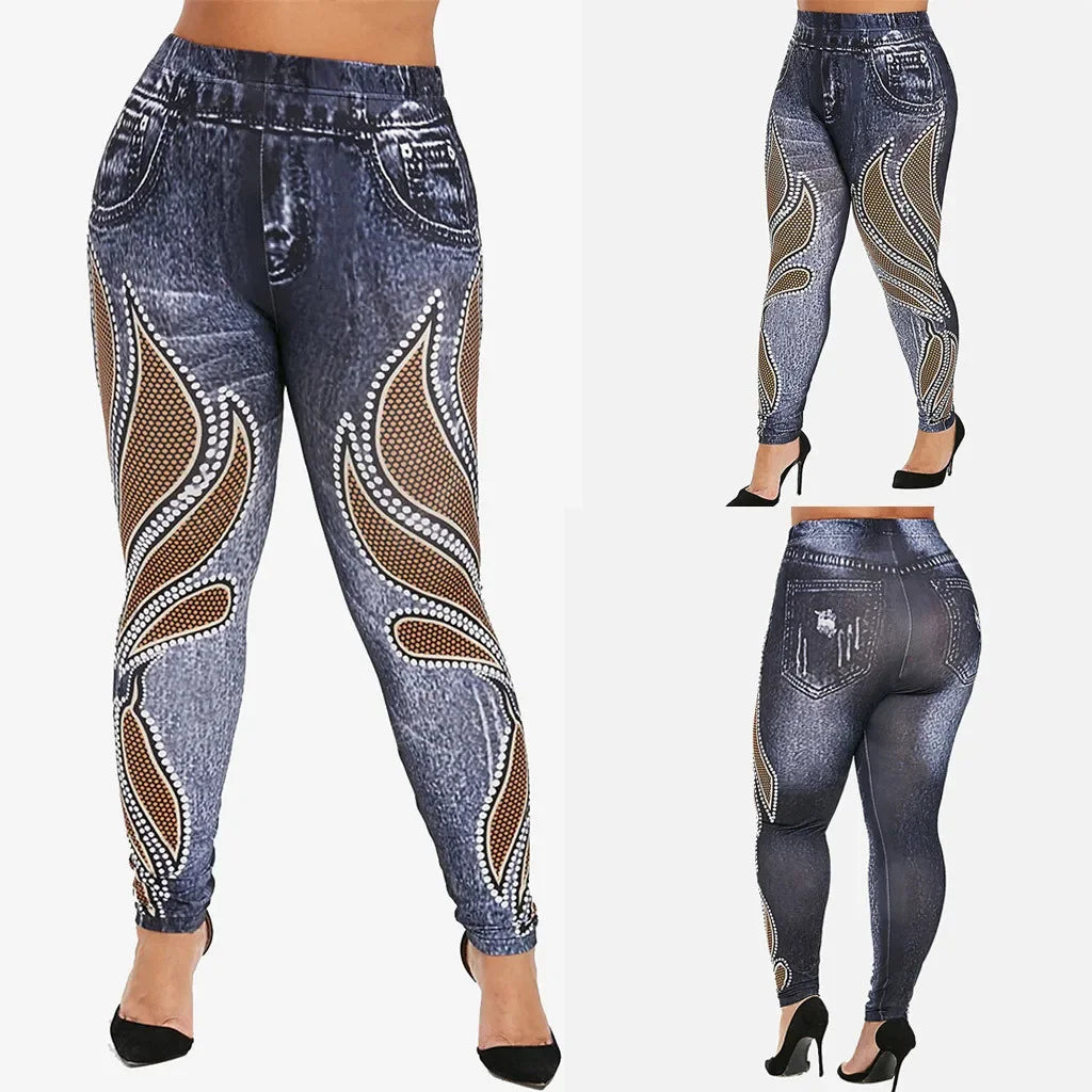 High waist denim look print leggings by Showlu Fashion, slim fit tummy control and butt lift design for women, spring summer style