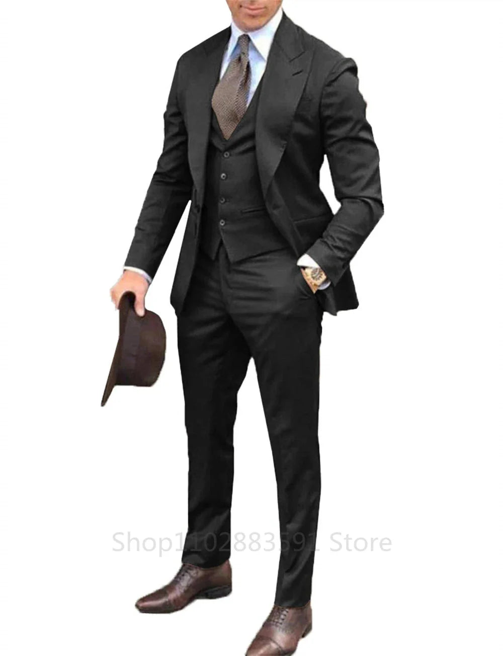 Men's burgundy slim fit 3-piece tuxedo with peak lapel, by Showlu Fashion, featuring jacket, vest, and trousers on a model.