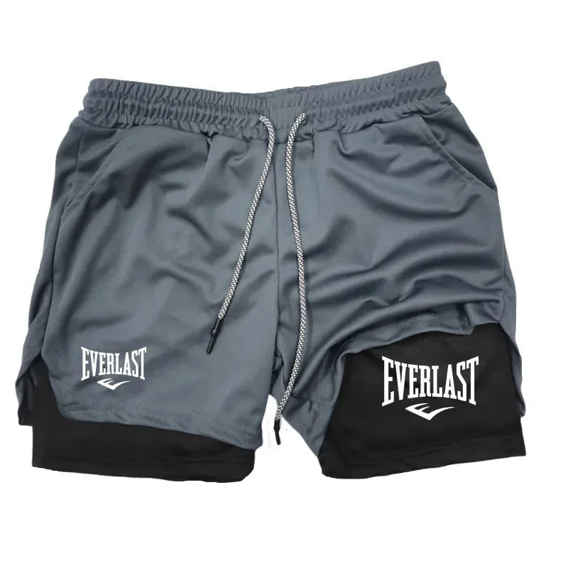 Men's 2-in-1 running shorts by Showlu Fashion featuring double-deck design, ideal for gym, fitness, and jogging activities.