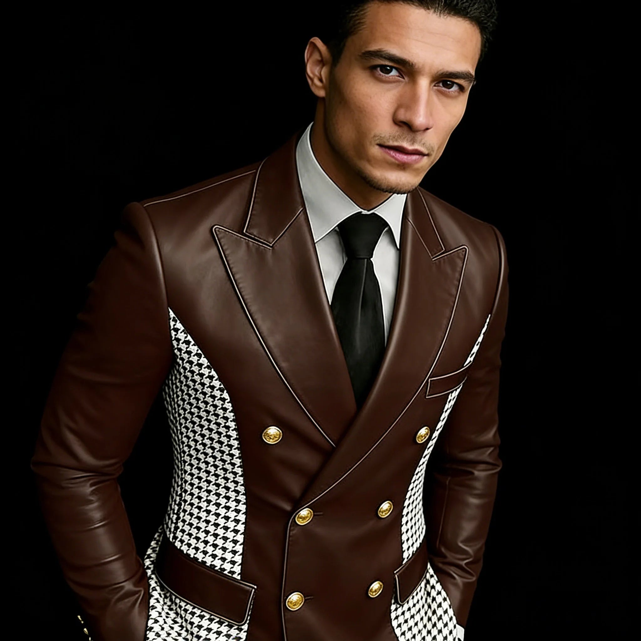 Men’s brown leather blazer with houndstooth side panels, vintage two-tone design, double-breasted style, gold buttons, slim fit tuxedo jacket