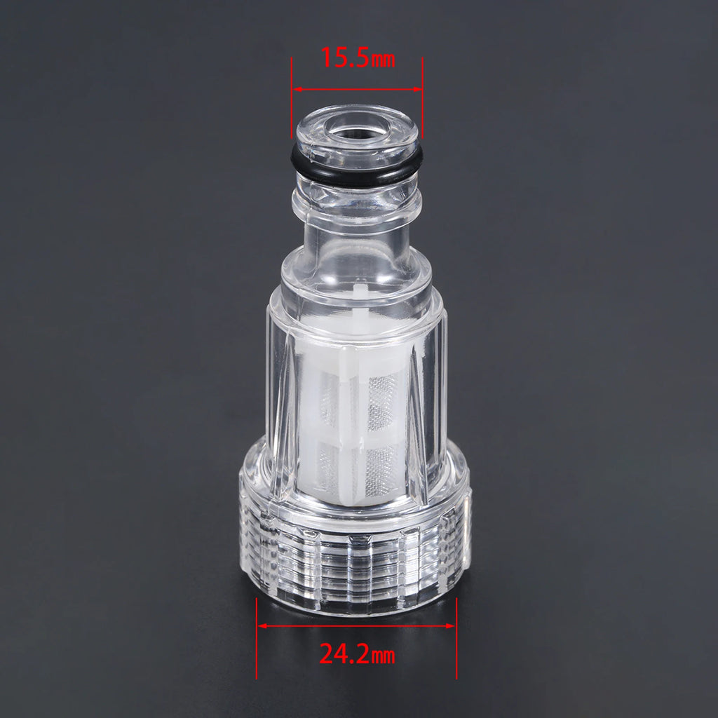 High-pressure water filter fitting for Karcher K2-K7 pressure washers, shown with connection fittings for car washing.