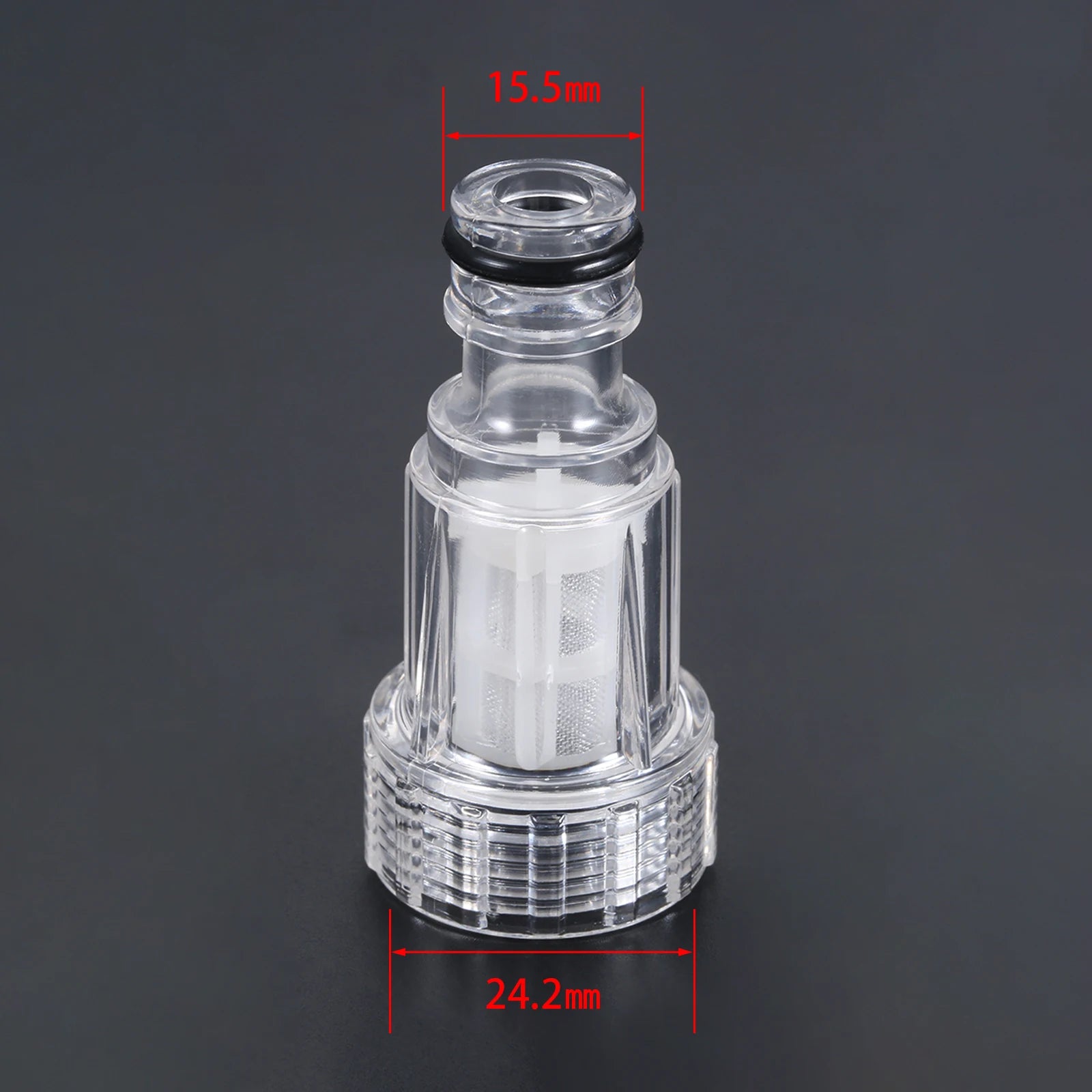 High-pressure water filter fitting for Karcher K2-K7 pressure washers, shown with connection fittings for car washing.