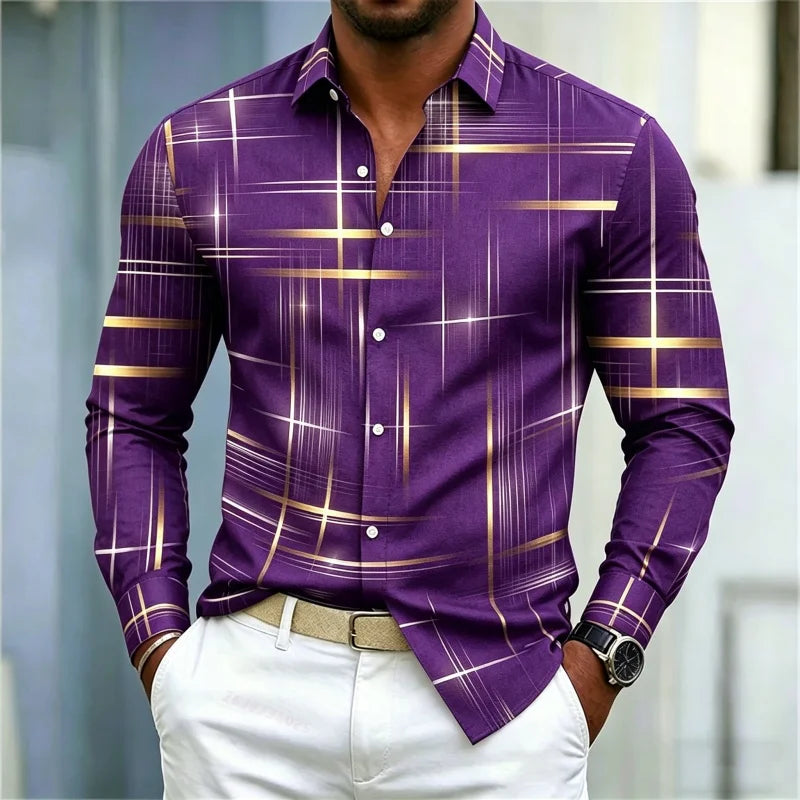 2026 men's shirt with fashionable printed lines, checkered long sleeved shirt, lapel, slim fit, business casual men's shirt