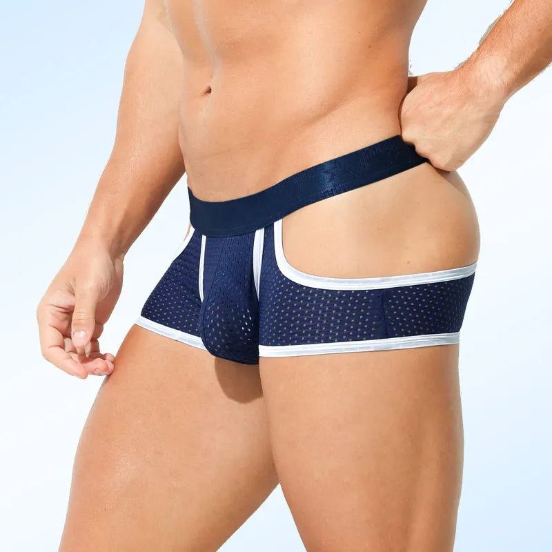 Showlu men's ice silk boxer shorts with breathable mesh fabric, designed for sports and everyday comfort.