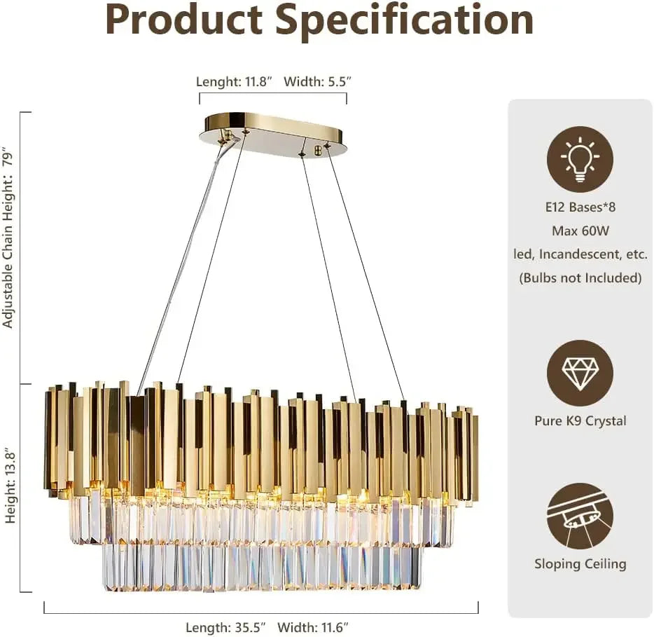 Luxury gold crystal chandelier with oval pendant lights, ideal for dining rooms and kitchen islands, featuring elegant design and crystal accents.