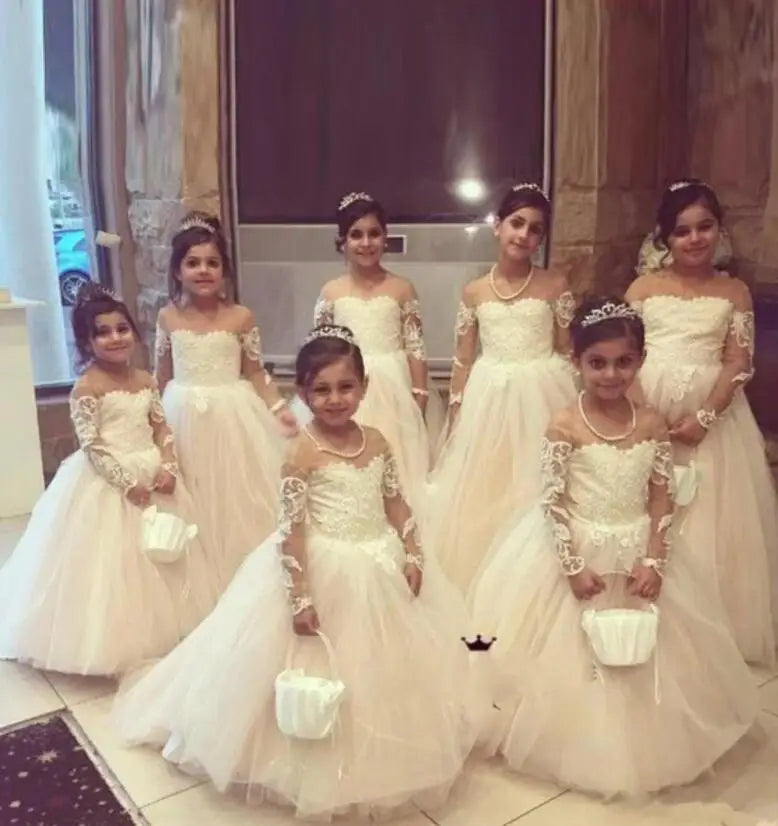 Lace champagne flower girl dress by Showlu Fashion Store featuring a ball gown style with floral details and a tulle tutu.