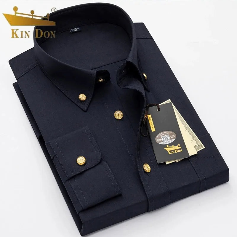 Men's luxury brass-button long sleeve casual shirt by Showlu Fashion, featuring a classic design and ironing-resistant fabric.
