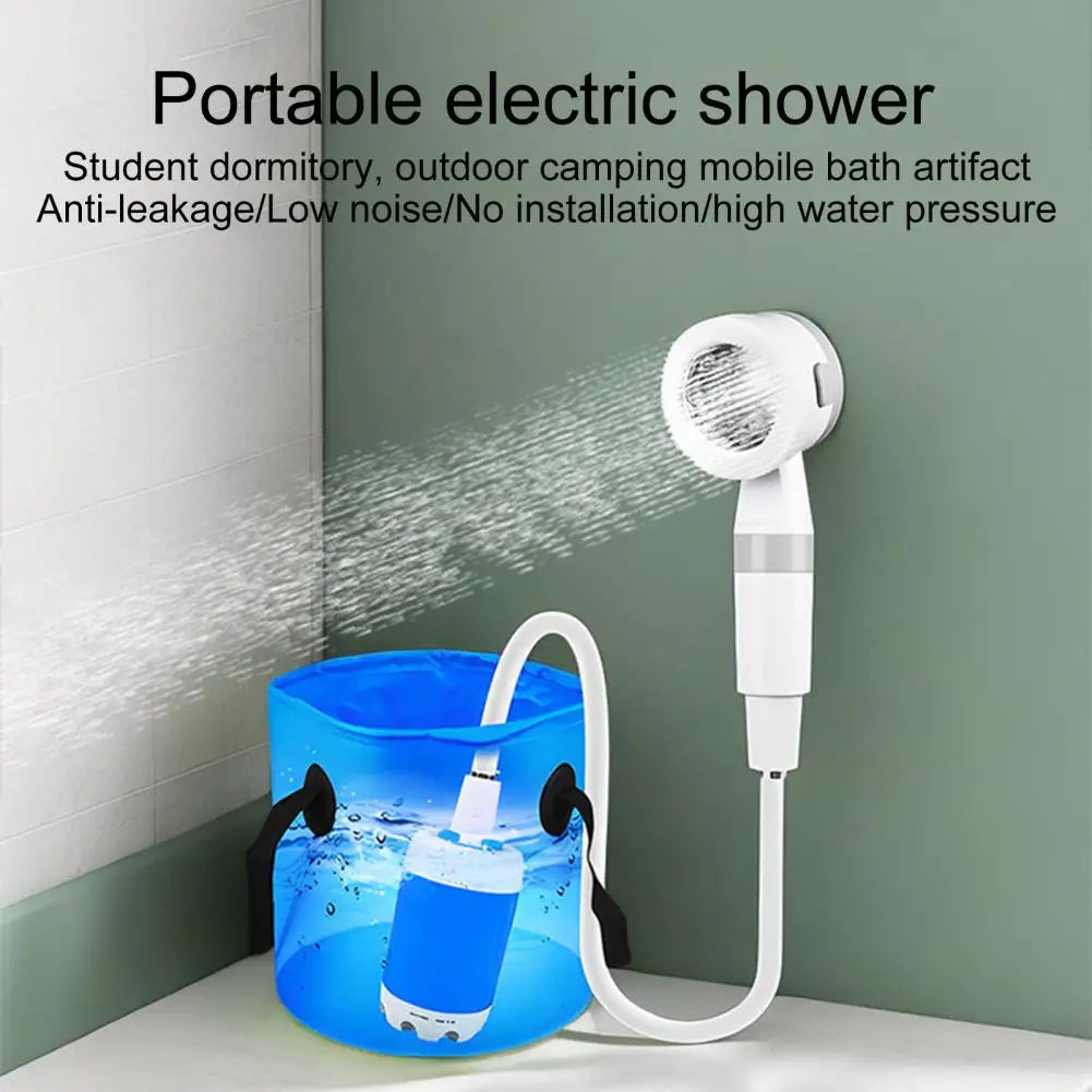 Showlu Smart portable camping shower with rechargeable electric pump, LED light, compact design, ideal for outdoor camping and travel.
