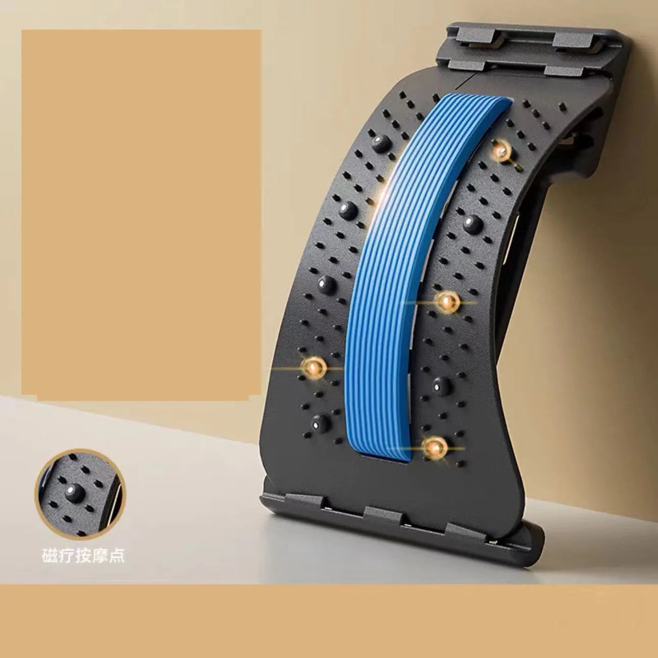 Magnetic lumbar support back stretcher and massager with ergonomic design for back relief and posture correction.