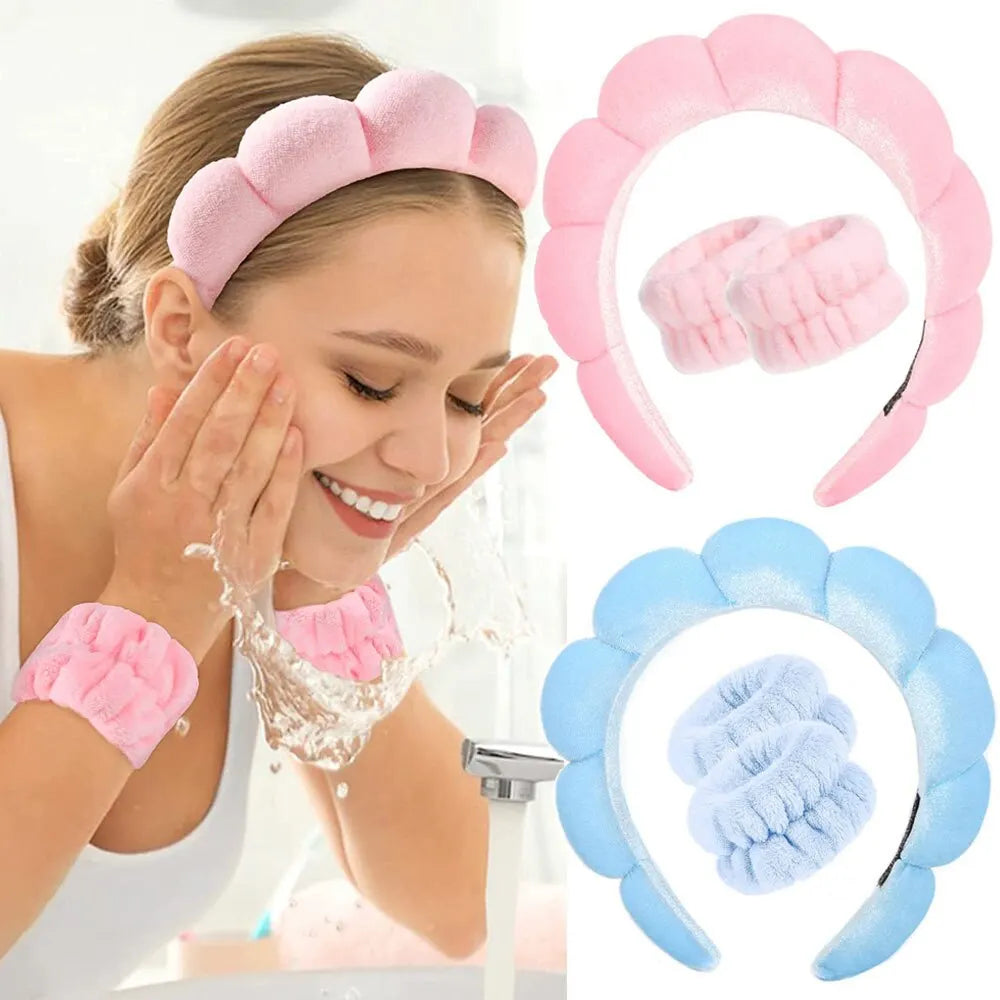 Set of three microfiber washing wristbands and puffy spa headbands for face washing, makeup, and skincare routines.